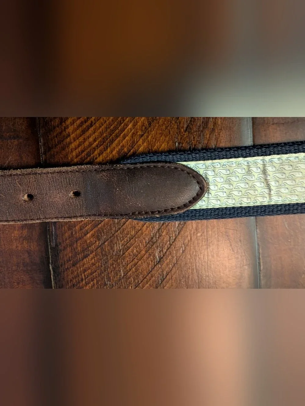 Vineyard Vines Vintage Blue Cotton Silk Whales Logo Leather Casual Belt Size 38